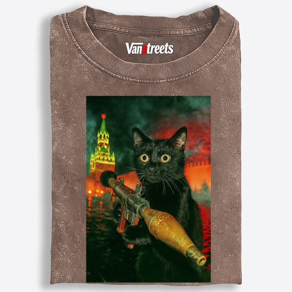 Kremlin Rocket Meow Retro Washed T-Shirt | 100% Cotton | Streetwear Essential