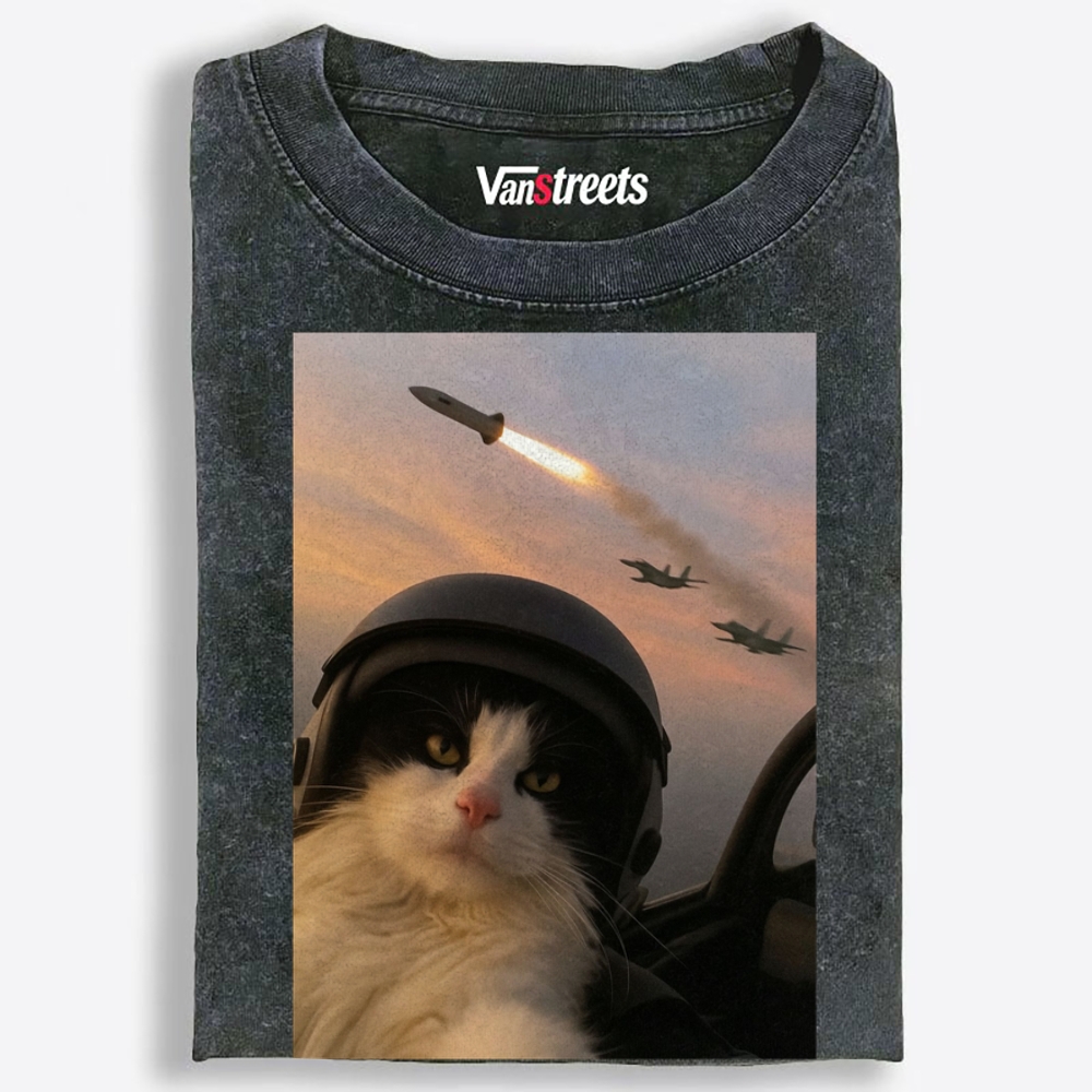 Sunset Fighter Meow Retro Washed T-Shirt | 100% Cotton | Streetwear Essential