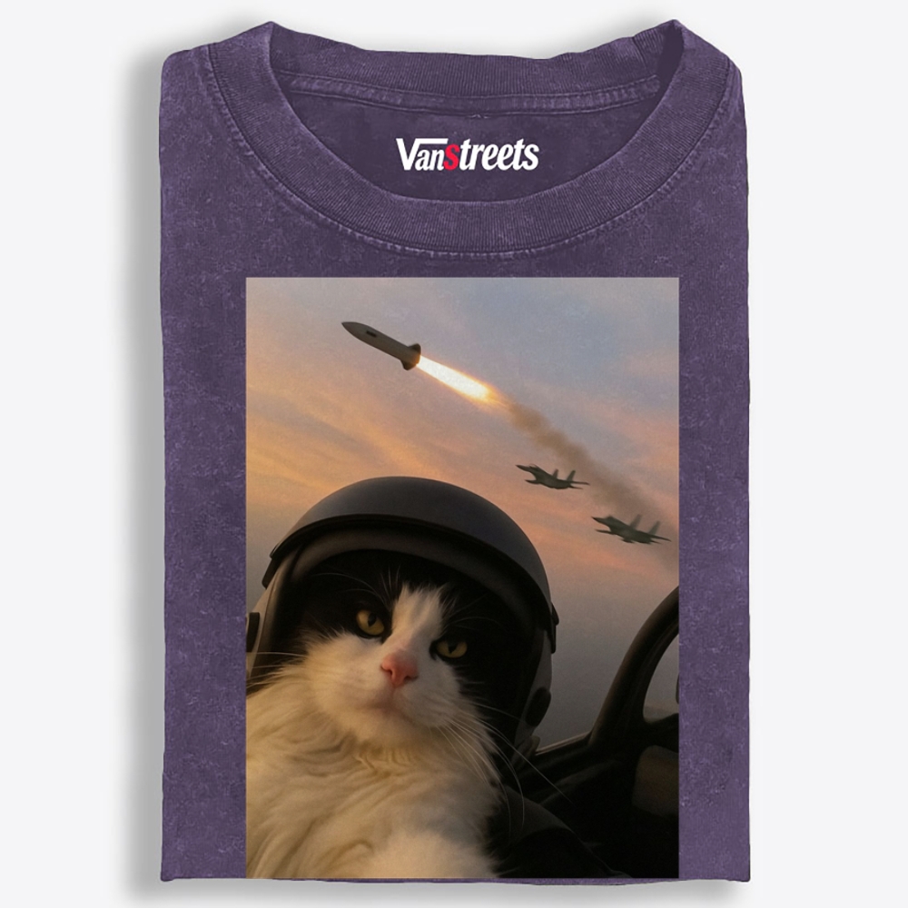 Sunset Fighter Meow Retro Washed T-Shirt | 100% Cotton | Streetwear Essential