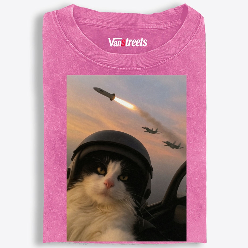 Sunset Fighter Meow Retro Washed T-Shirt | 100% Cotton | Streetwear Essential
