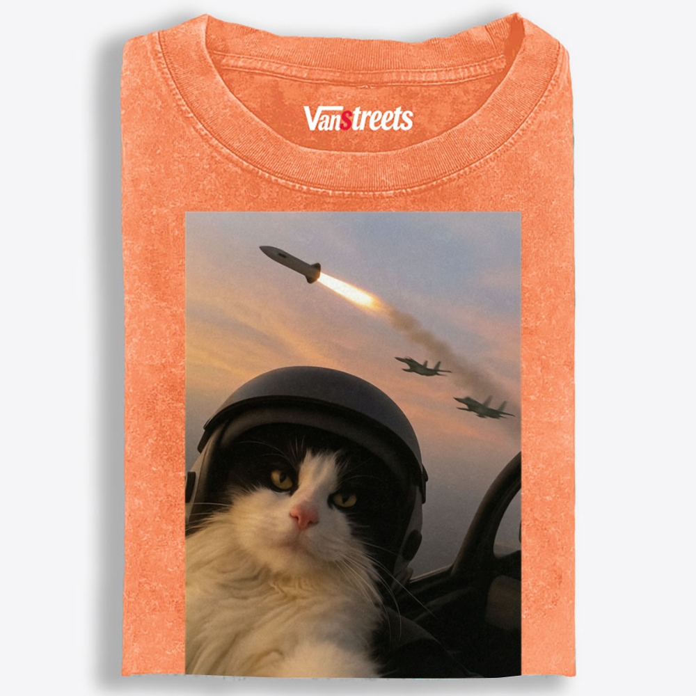 Sunset Fighter Meow Retro Washed T-Shirt | 100% Cotton | Streetwear Essential