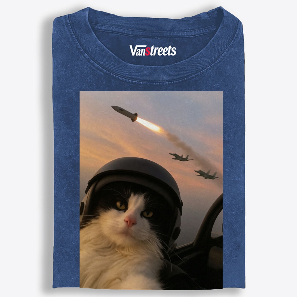 Sunset Fighter Meow Retro Washed T-Shirt | 100% Cotton | Streetwear Essential