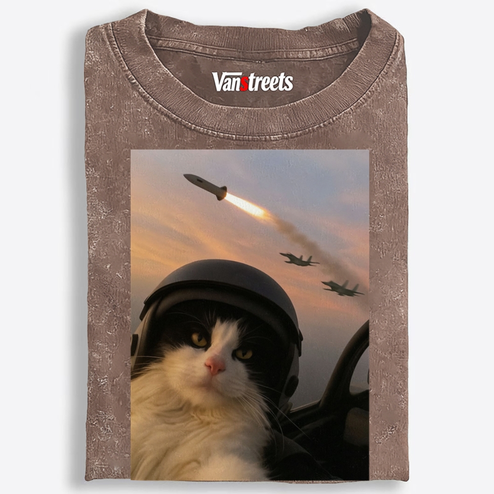 Sunset Fighter Meow Retro Washed T-Shirt | 100% Cotton | Streetwear Essential