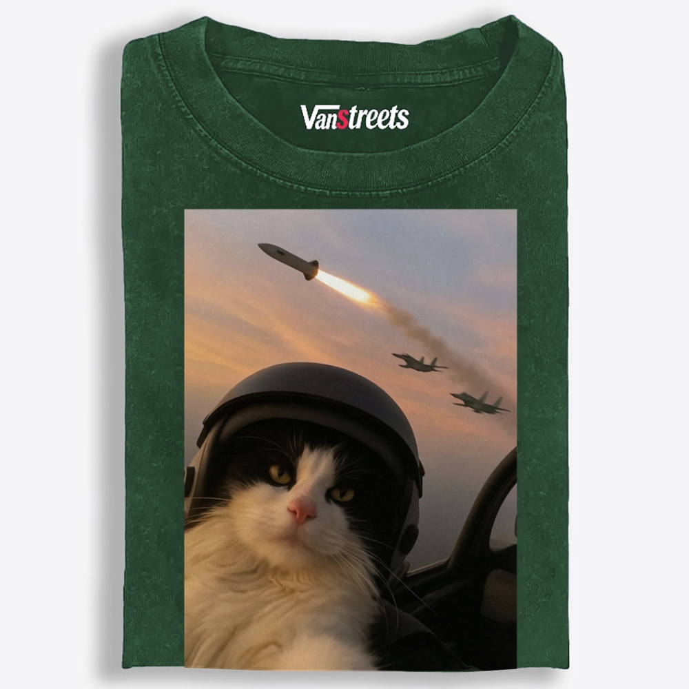Sunset Fighter Meow Retro Washed T-Shirt | 100% Cotton | Streetwear Essential