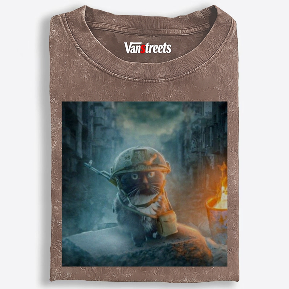 Warzone Smoke Cat Retro Washed T-Shirt | 100% Cotton | Streetwear Essential