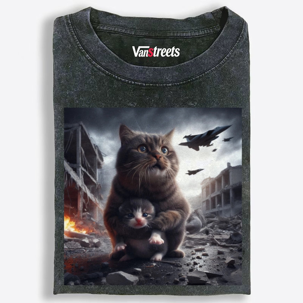 Ruins Guardian Meow Retro Washed T-Shirt | 100% Cotton | Streetwear Essential