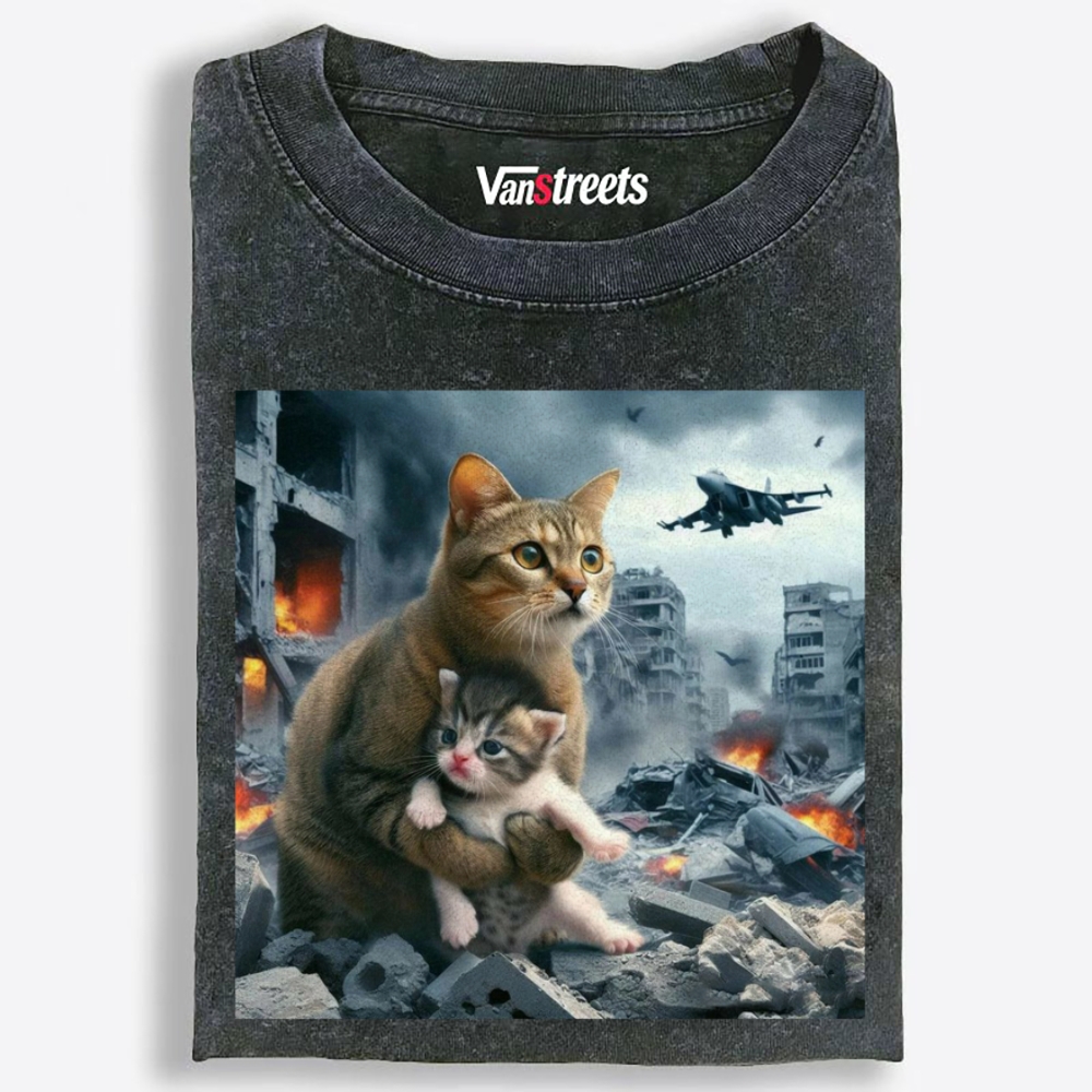 Apocalypse Hug Cat Retro Washed T-Shirt | 100% Cotton | Streetwear Essential