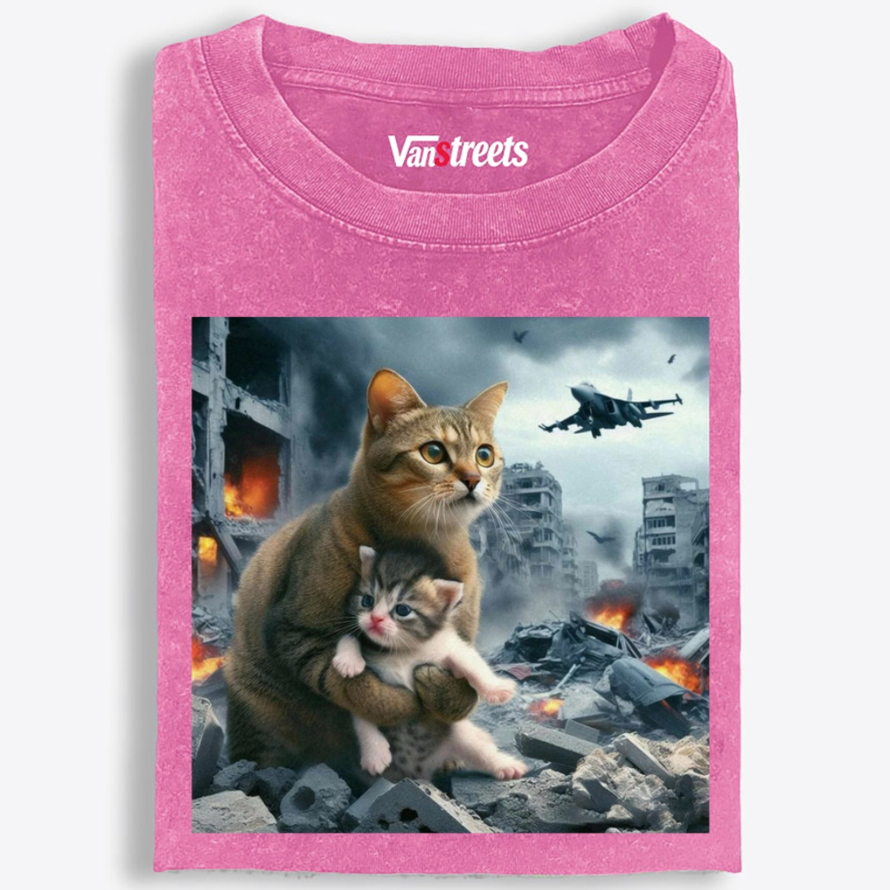 Apocalypse Hug Cat Retro Washed T-Shirt | 100% Cotton | Streetwear Essential