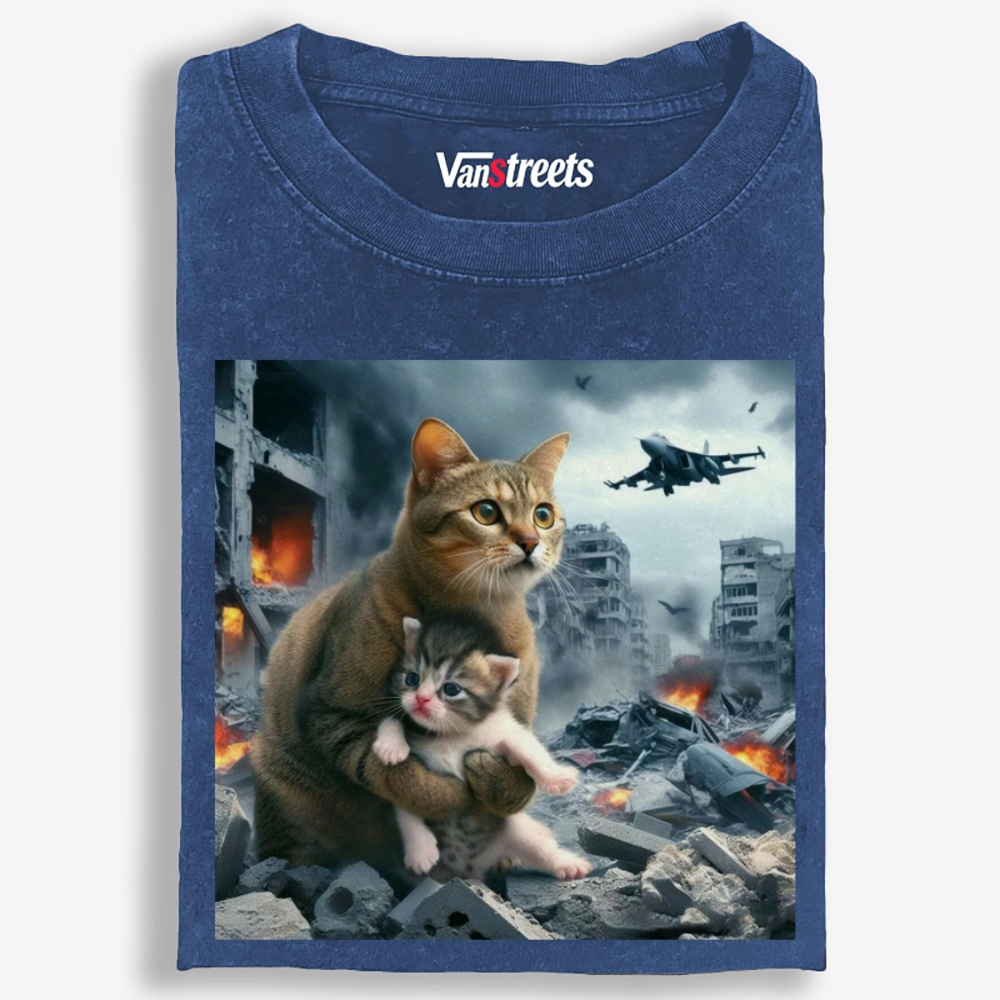Apocalypse Hug Cat Retro Washed T-Shirt | 100% Cotton | Streetwear Essential