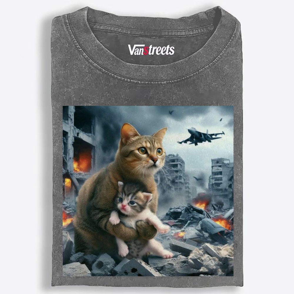 Apocalypse Hug Cat Retro Washed T-Shirt | 100% Cotton | Streetwear Essential