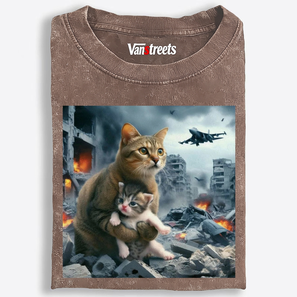 Apocalypse Hug Cat Retro Washed T-Shirt | 100% Cotton | Streetwear Essential