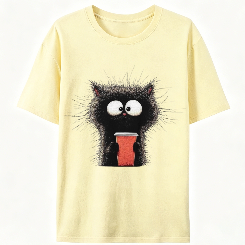 Fluffy Cat with Coffee Retro Designed for Women - Slim Fit Cotton Tee
