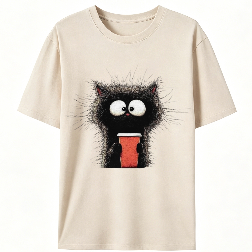 Fluffy Cat with Coffee Retro Designed for Women - Slim Fit Cotton Tee