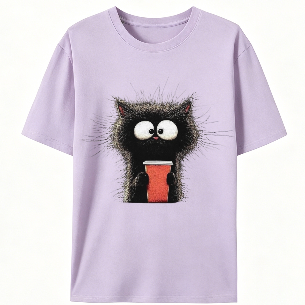 Fluffy Cat with Coffee Retro Designed for Women - Slim Fit Cotton Tee