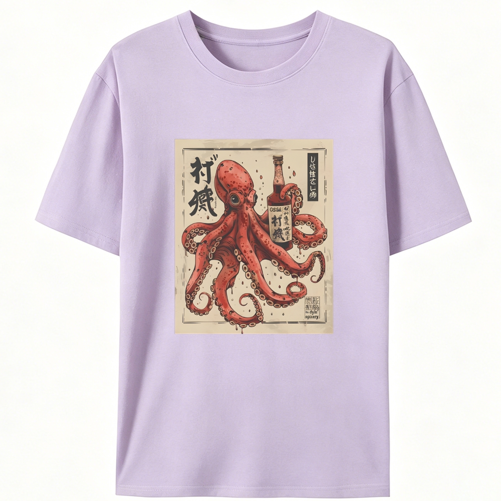 Ukiyo-e Octopus Drinking Sake Retro Designed for Women - Slim Fit Cotton Tee