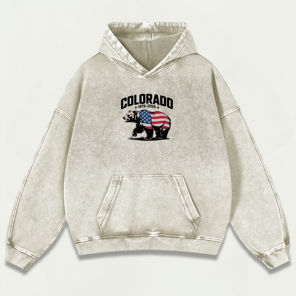 American Flag Bear Colorado Vintage Premium Heavyweight Trail Hoodie-HikeVista