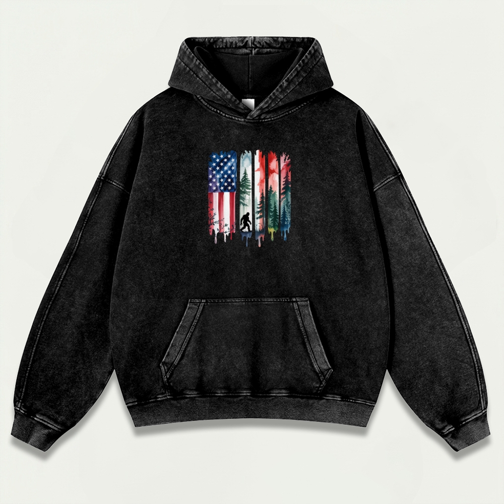 American Flag Bigfoot Vintage Premium Heavyweight Trail Hoodie-HikeVista