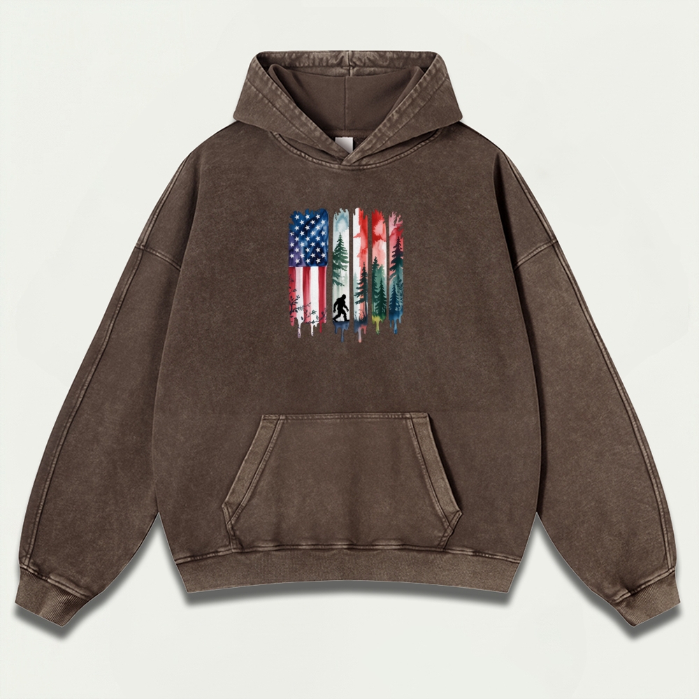 American Flag Bigfoot Vintage Premium Heavyweight Trail Hoodie-HikeVista