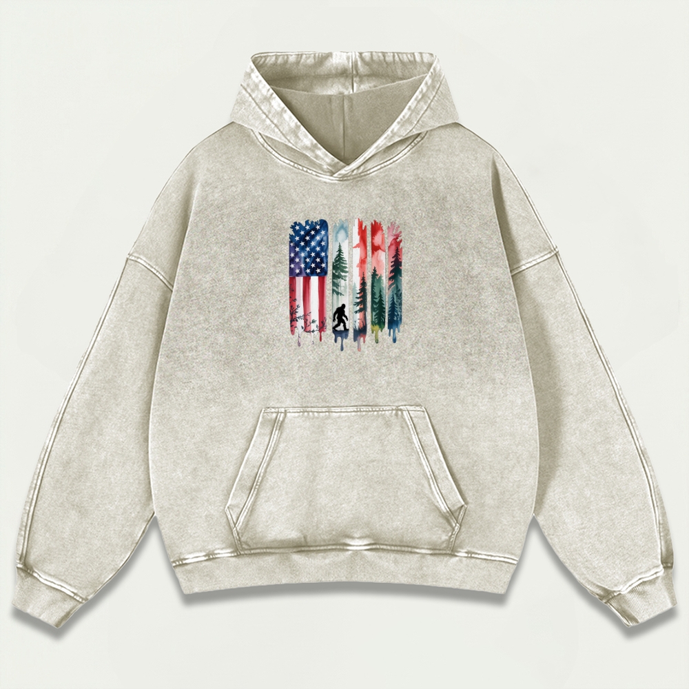 American Flag Bigfoot Vintage Premium Heavyweight Trail Hoodie-HikeVista