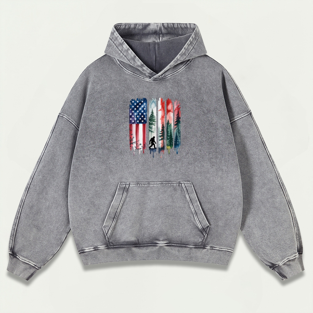 American Flag Bigfoot Vintage Premium Heavyweight Trail Hoodie-HikeVista