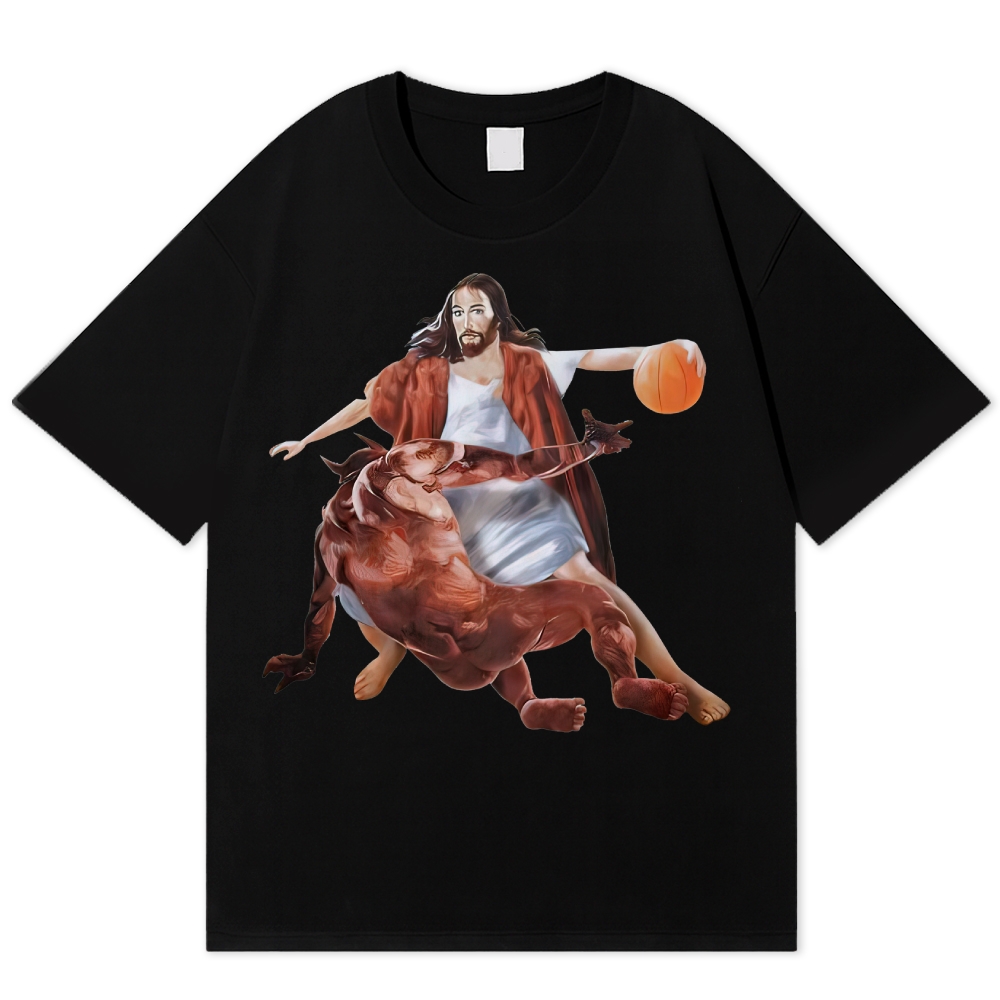 Retro Jesus vs Devil Basketball Graphic Cotton T-shirt