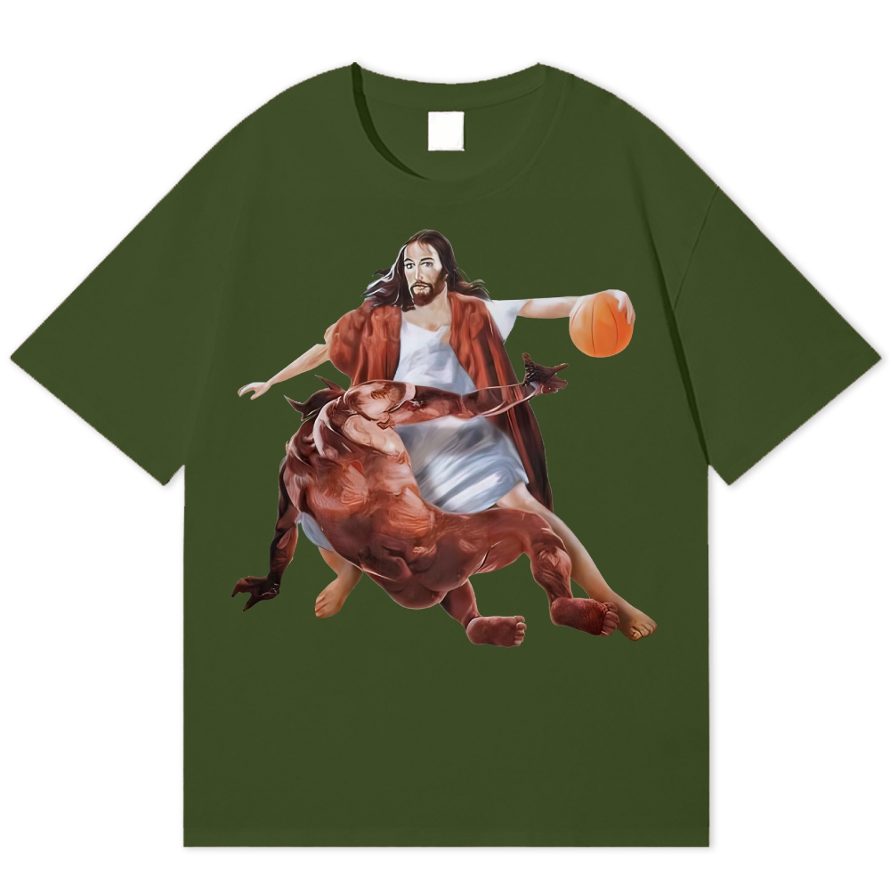 Retro Jesus vs Devil Basketball Graphic Cotton T-shirt