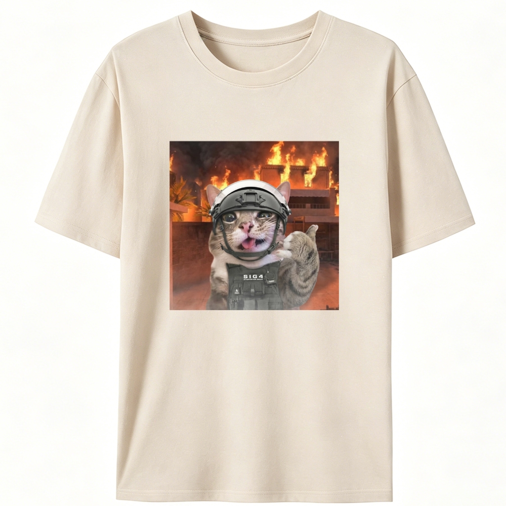 Tactical Cat In Fire Meme Retro Designed for Women - Slim Fit Cotton Tee