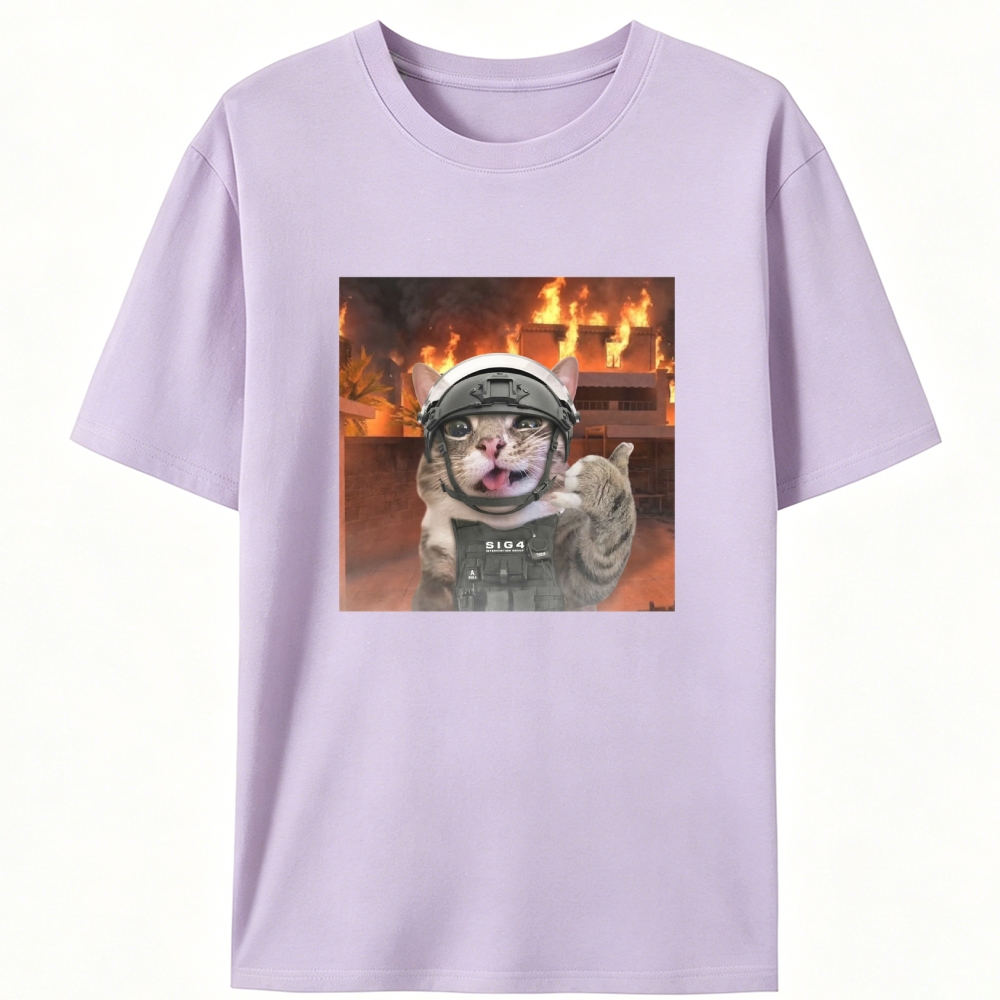 Tactical Cat In Fire Meme Retro Designed for Women - Slim Fit Cotton Tee