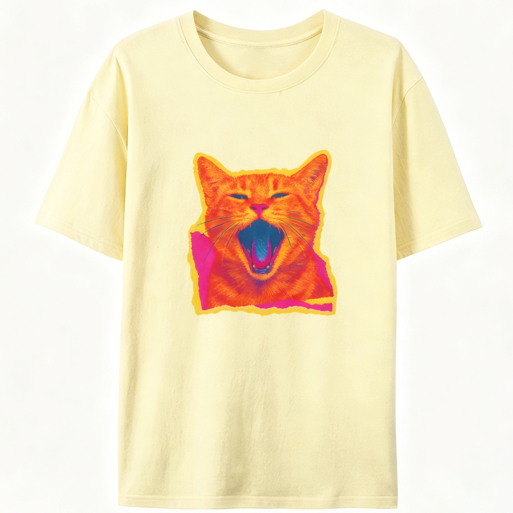 Neon Yawn Orange Cat Retro Designed for Women - Slim Fit Cotton Tee