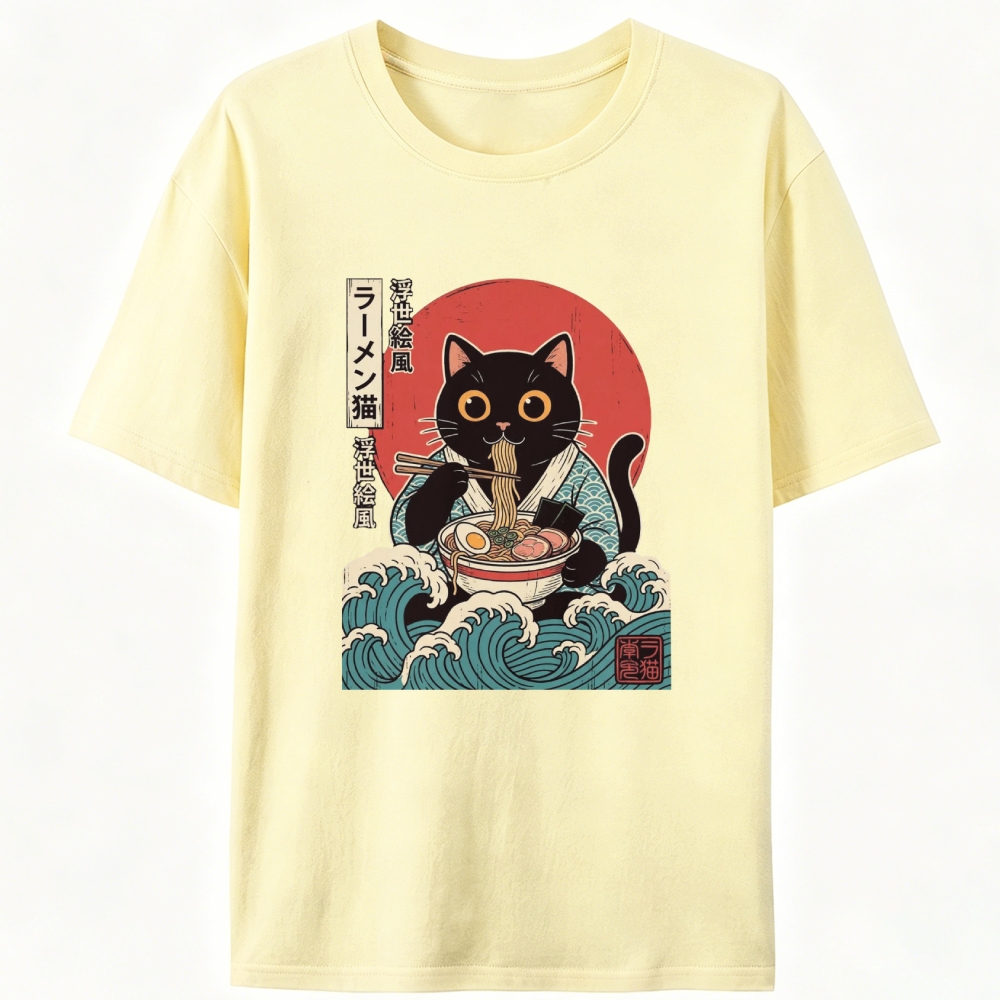 Ukiyo-e Ramen Cat Retro Designed for Women - Slim Fit Cotton Tee