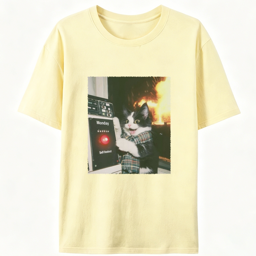 Monday Self-Destruct Cat Retro Designed for Women - Slim Fit Cotton Tee