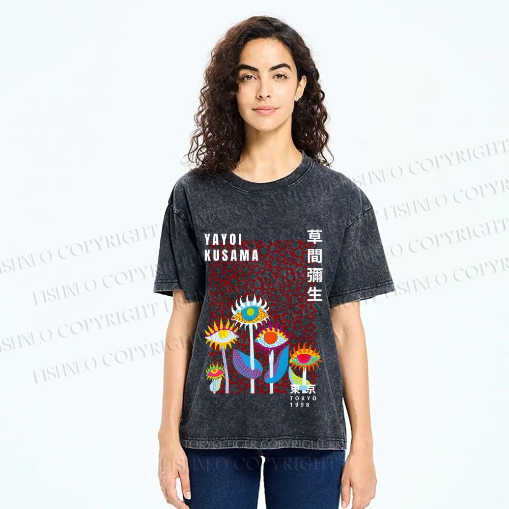 Unisex Yayoi Kusama Weird Eye Flowers Printed Washed Tee