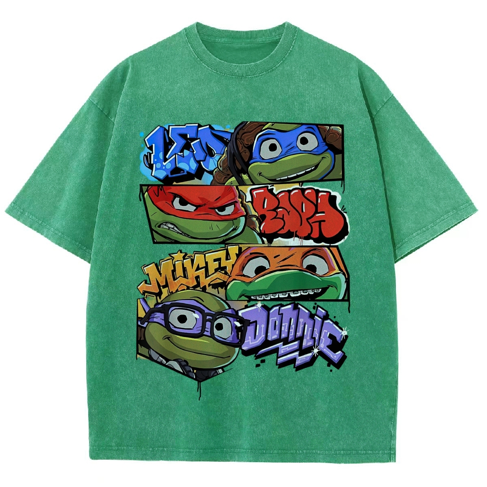 Street Graffiti Font Four Turtle Head Block Vintage Washed T-Shirt
