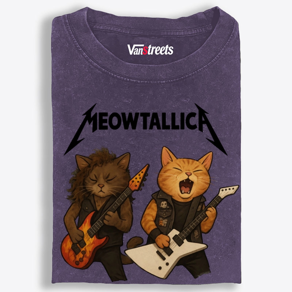 Meowtallica Guitar Cats Retro Washed T-Shirt | 100% Cotton | Streetwear Essential