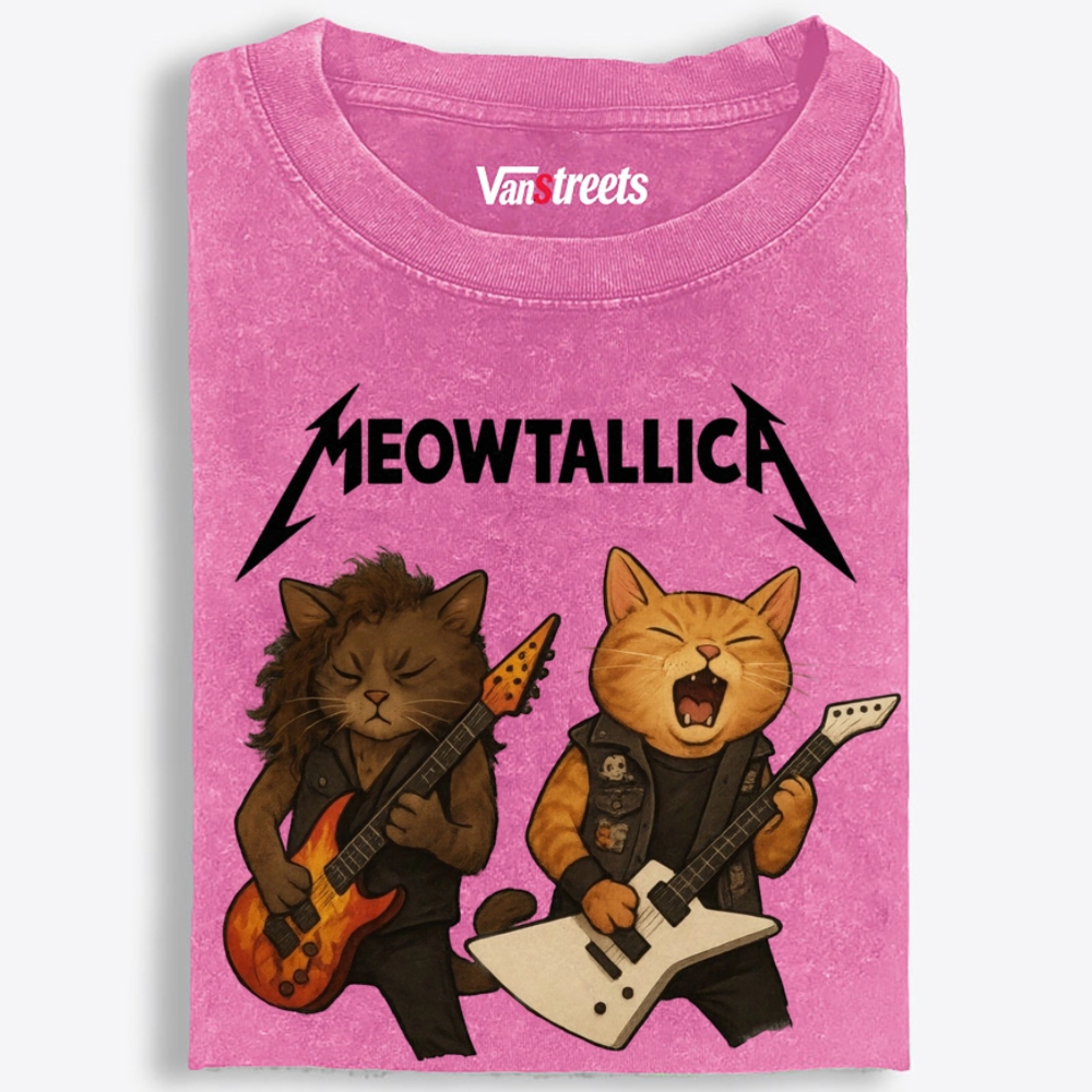 Meowtallica Guitar Cats Retro Washed T-Shirt | 100% Cotton | Streetwear Essential