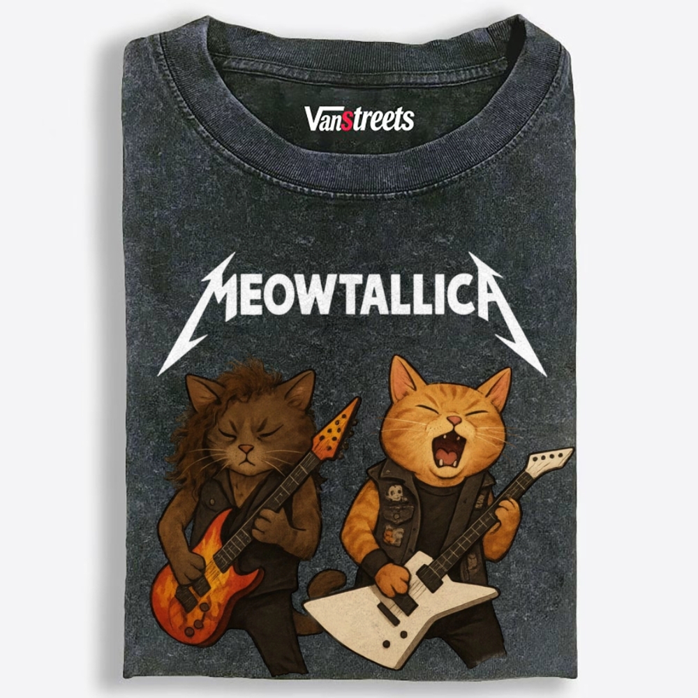 Meowtallica Guitar Cats Retro Washed T-Shirt | 100% Cotton | Streetwear Essential