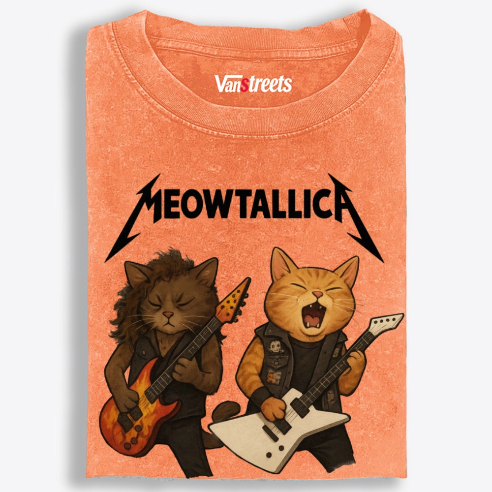 Meowtallica Guitar Cats Retro Washed T-Shirt | 100% Cotton | Streetwear Essential