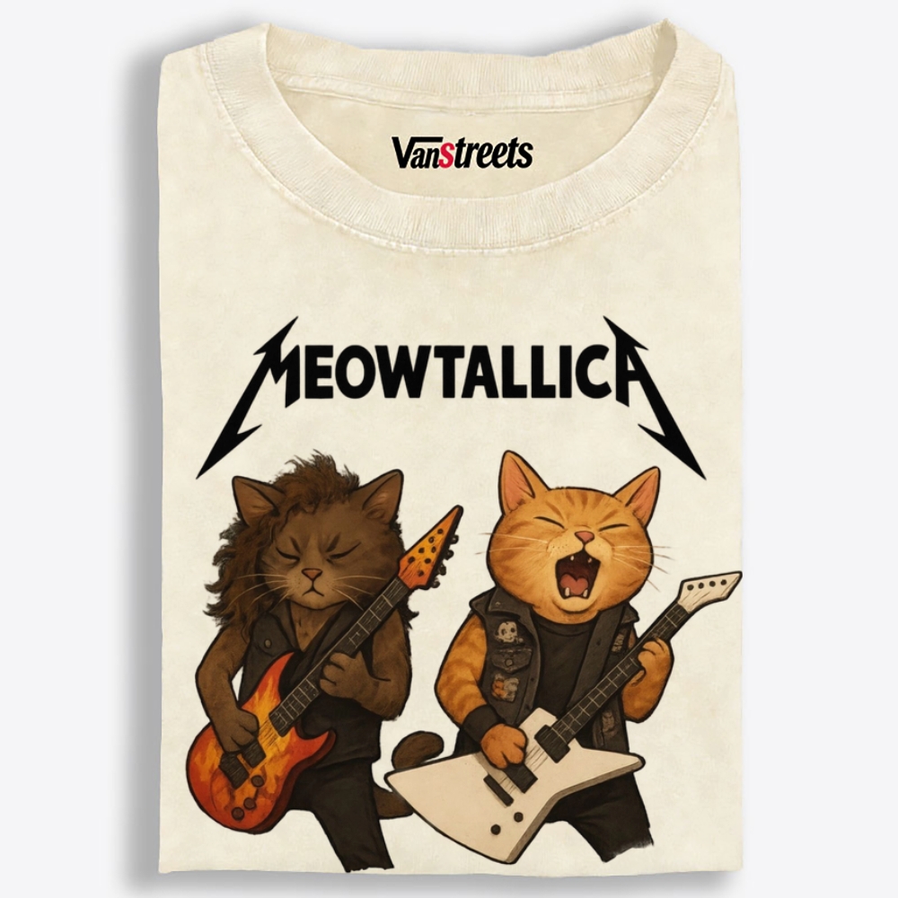 Meowtallica Guitar Cats Retro Washed T-Shirt | 100% Cotton | Streetwear Essential