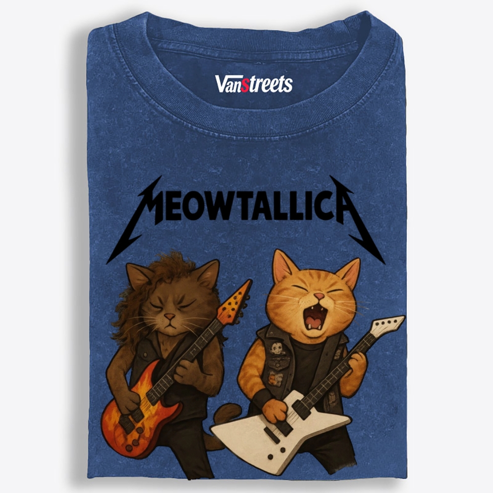 Meowtallica Guitar Cats Retro Washed T-Shirt | 100% Cotton | Streetwear Essential