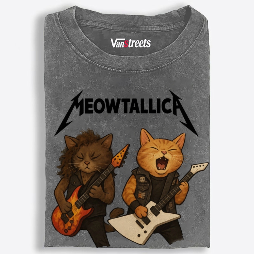 Meowtallica Guitar Cats Retro Washed T-Shirt | 100% Cotton | Streetwear Essential