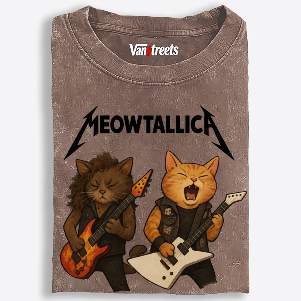 Meowtallica Guitar Cats Retro Washed T-Shirt | 100% Cotton | Streetwear Essential