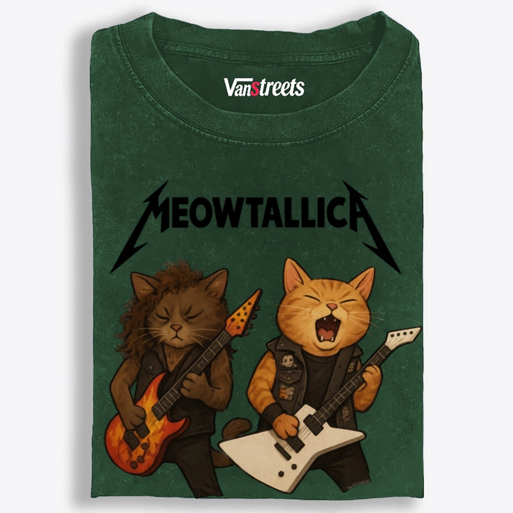 Meowtallica Guitar Cats Retro Washed T-Shirt | 100% Cotton | Streetwear Essential