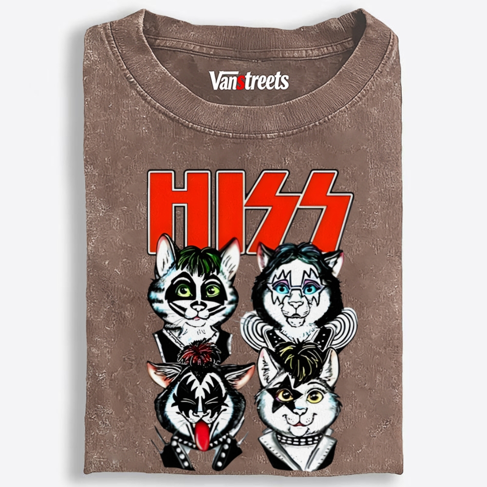 HISS: Kitty Rock Army Retro Washed T-Shirt | 100% Cotton | Streetwear Essential