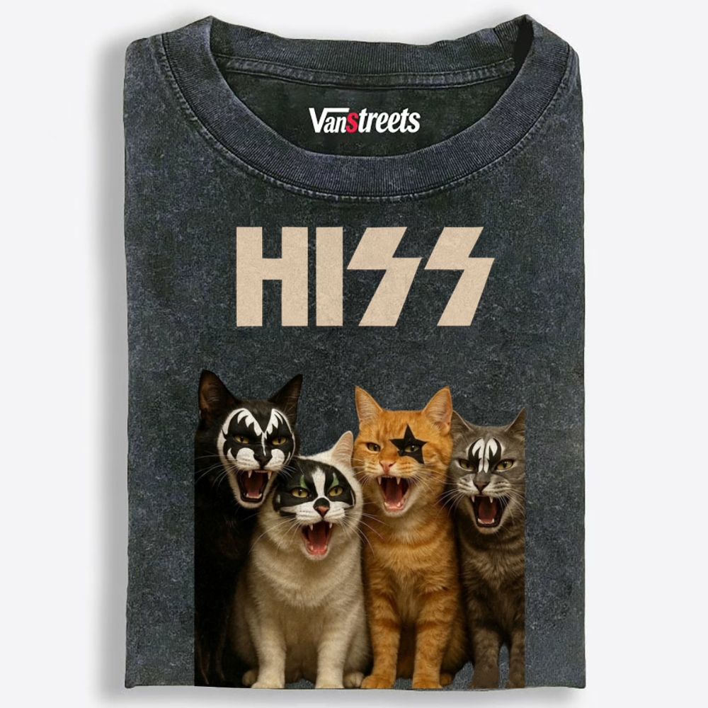 HISS: Four Cats of Destruction Retro Washed T-Shirt | 100% Cotton | Streetwear Essential