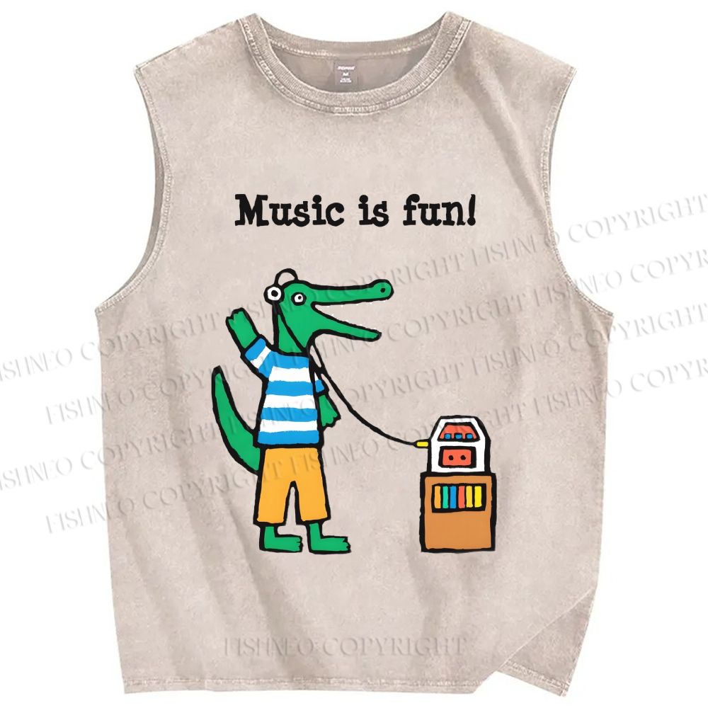 Unisex Cool Crocodile Listens to Music Printed Washed Tank Top