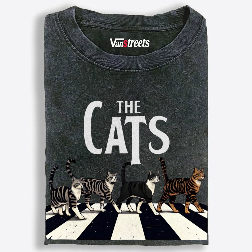 The Cats: Abbey Meow Retro Washed T-Shirt | 100% Cotton | Streetwear Essential