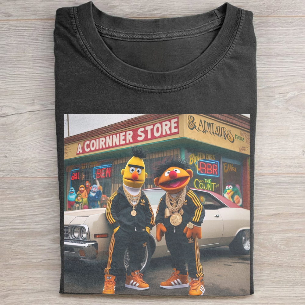  Hip-Hop Puppet Streetwear Graphic Vintage Washed Tee 