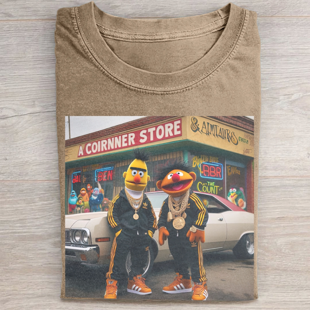  Hip-Hop Puppet Streetwear Graphic Vintage Washed Tee 