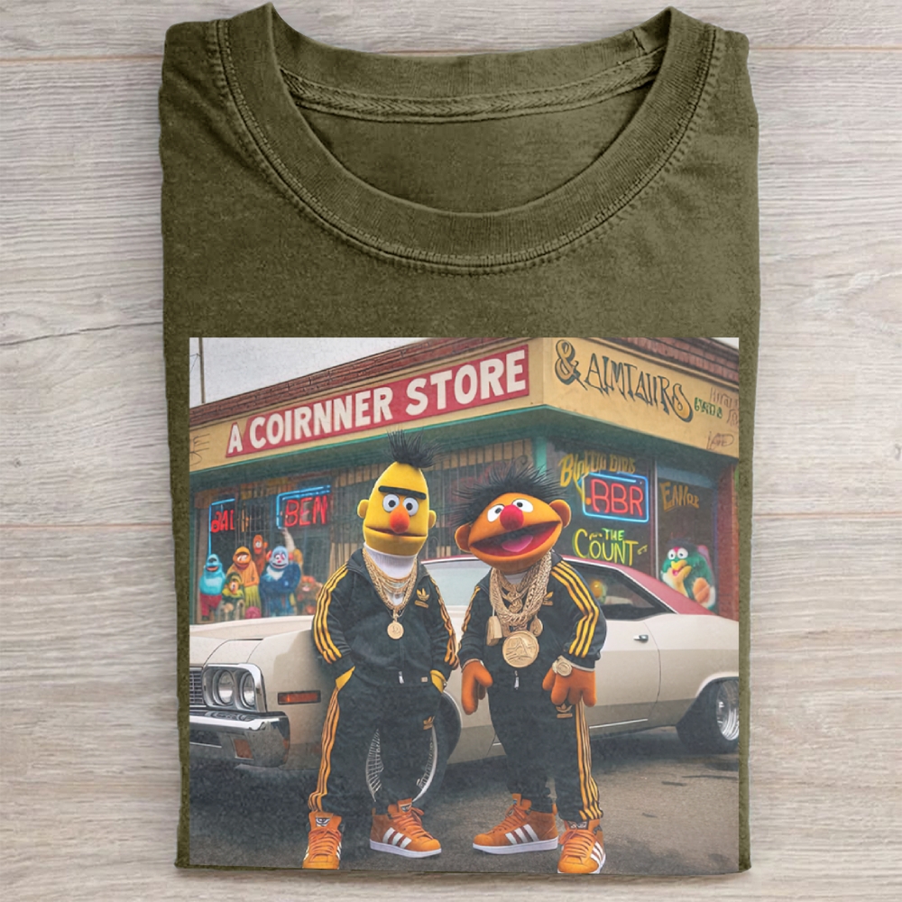  Hip-Hop Puppet Streetwear Graphic Vintage Washed Tee 