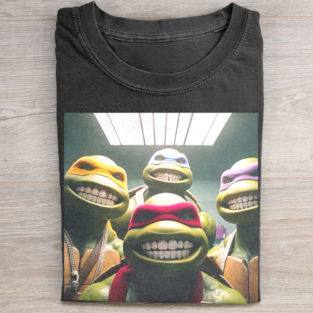 Hip-Hop Turtle Squad Grillz Graphic Vintage Washed Tee